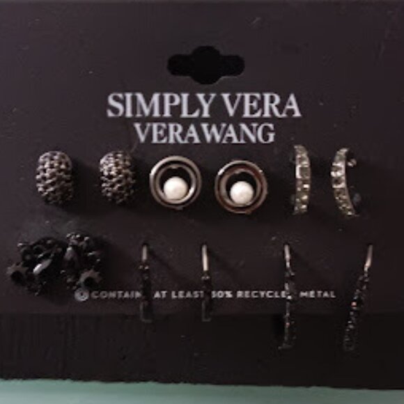 VERA WANG 6pc SET Goth Black/Gunmetal Black Crystal Pearl Stud & Hoop Earrings - Picture 3 of 3